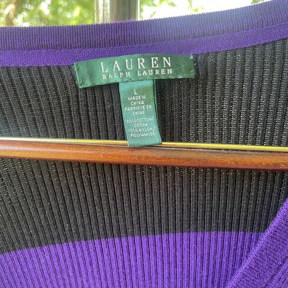 Lauren Ralph Lauren SZ LARGE  Purple and Black V-Neck Ribbed Cardigan Preppy - Picture 11 of 12